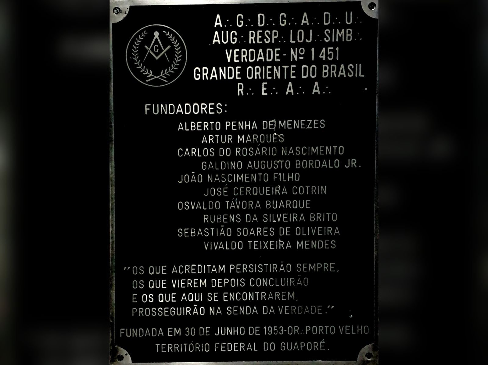 Placa de fundação da Loja Verdade nº 1451, 1953
